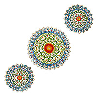 Wood wall accents, 'Lively Mandalas' (set of 3) - Three Hand-Painted Openwork Wood Mandala Wall Accents