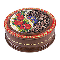 Lacquered wood jewelry box, 'Exquisite Pomegranate' - Wood Jewelry Box with Pomegranate Floral and Paisley Motifs