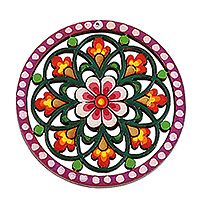 Wood magnet, 'Primaveral Grace' - Classic Floral Purple and Dark Green Magnet from Uzbekistan