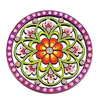 Wood magnet, 'Primaveral Enchantment' - Classic Floral Purple and Light Green Magnet from Uzbekistan