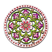 Wood magnet, 'Primaveral Sweetness' - Classic Floral Pink and Green Wood Magnet from Uzbekistan