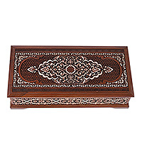 Wood jewellery box, 'Grand Love' - Polished Traditional Walnut Wood jewellery Box from Uzbekistan