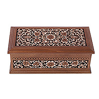 Wood jewellery box, 'Gardens of Luxury' - Polished Floral Walnut Wood jewellery Box from Uzbekistan