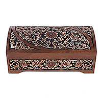 Wood jewellery box, 'Gardens of Grace' - Spring-Themed Walnut Wood jewellery Box in a Polished Finish