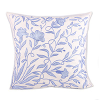 Embroidered Suzani cotton cushion cover, 'Winter Beauty' - Spring-Themed Blue Embroidered Suzani Cotton Cushion Cover