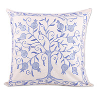Embroidered Suzani cotton cushion cover, 'Winter Vitality' - Tree and Pomegranate-Themed Blue Suzani Cotton Cushion Cover