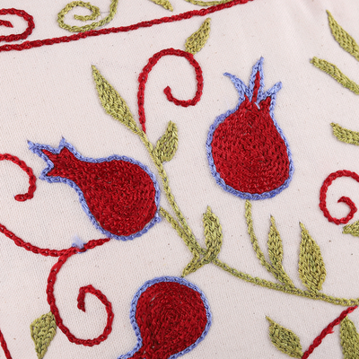 Embroidered Suzani cotton cushion cover, 'Classic Vitality' - Tree and Pomegranate-Themed Suzani Cotton Cushion Cover