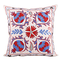 Embroidered Suzani cotton cushion cover, 'Four Winter Omens' - Classic Embroidered Blue and Red Suzani Cotton Cushion Cover