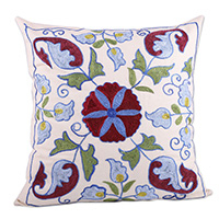 Embroidered Suzani cotton cushion cover, 'Pepper Quartet' - Pepper-Themed Suzani Embroidered Cotton Cushion Cover