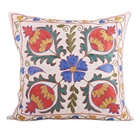 Embroidered Suzani cotton cushion cover, 'Four Spring Omens' - Classic Embroidered colourful Suzani Cotton Cushion Cover