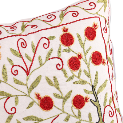Embroidered cotton and viscose cushion cover, 'Spring Berries' - Nature-Themed Red and Green Cotton and Viscose Cushion Cover