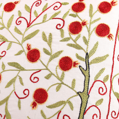 Embroidered cotton and viscose cushion cover, 'Spring Berries' - Nature-Themed Red and Green Cotton and Viscose Cushion Cover