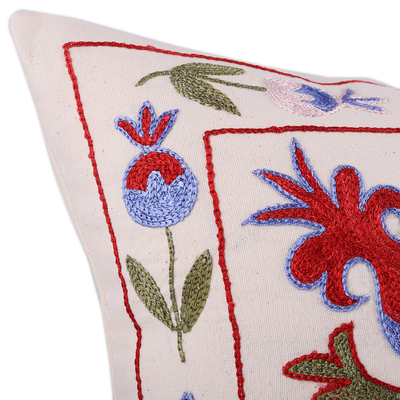 Embroidered cotton and viscose cushion cover, 'Spring Omens' - Classic Pomegranate-Themed Embroidered Cushion Cover