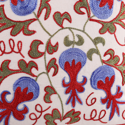 Embroidered cotton and viscose cushion cover, 'Spring Omens' - Classic Pomegranate-Themed Embroidered Cushion Cover
