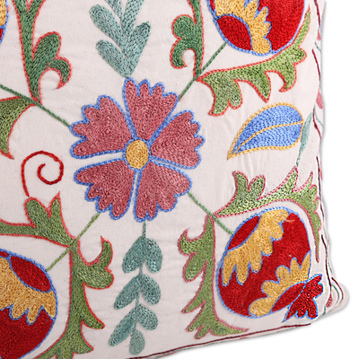Embroidered Suzani cotton cushion cover, 'Four Summer Omens' - Embroidered Red and Green Suzani Cotton Cushion Cover