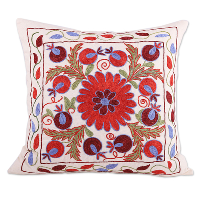 Embroidered cotton and viscose cushion cover, 'Dreaming in Red' - Classic Floral and Leafy Embroidered Red Cushion Cover
