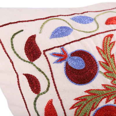 Embroidered cotton and viscose cushion cover, 'Dreaming in Red' - Classic Floral and Leafy Embroidered Red Cushion Cover