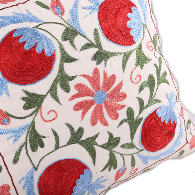 Embroidered cotton and viscose cushion cover, 'Sky Pomegranates' - Pomegranate-Themed Red, Green and Blue Cushion Cover