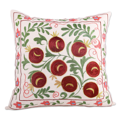 Embroidered cotton and viscose cushion cover, 'Passion in Brown' - Classic Green and Brown Pomegranate Cushion Cover