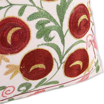 Embroidered cotton and viscose cushion cover, 'Passion in Brown' - Classic Green and Brown Pomegranate Cushion Cover