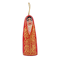 Porcelain bell ornament, 'Virtuous Red' - Hand-Painted Red and Golden Porcelain Bell Ornament