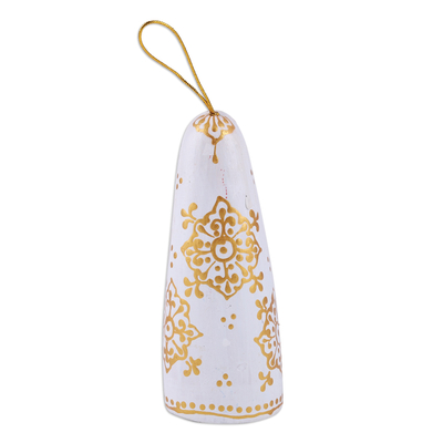Porcelain bell ornament, 'Virtuous in White' - Hand-Painted White and Golden Porcelain Bell Ornament