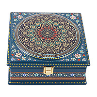 Wood jewellery box, 'Royal Saga' - Traditional Teal and Blue Walnut Wood jewellery Box