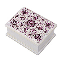 Papier mache jewelry box, 'Violet Season' - Floral Handmade Violet and White Papier Mache Jewelry Box
