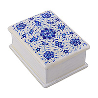 Papier mache jewellery box, 'Sapphire Season' - Floral Handmade Sapphire and White Papier Mache jewellery Box