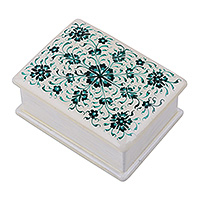 Papier mache jewellery box, 'Emerald Season' - Floral Handmade Emerald and White Papier Mache jewellery Box