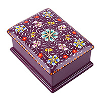 Papier mache jewellery box, 'Paradise in Dreams' - Lacquered Floral Purple Papier Mache jewellery Box