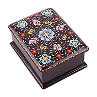 Papier mache jewellery box, 'Paradise at the Palace' - Lacquered Floral Dark Brown Papier Mache jewellery Box