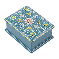 Papier mache jewelry box, 'Paradise at the Lagoon' - Lacquered Floral Turquoise Papier Mache Jewelry Box