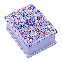 Papier mache jewelry box, 'Paradise in Fantasy' - Lacquered Floral Lavender Papier Mache Jewelry Box
