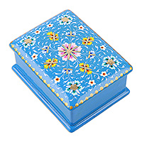 Papier mache jewellery box, 'Paradise in Heaven' - Lacquered Floral Sky Blue Papier Mache jewellery Box