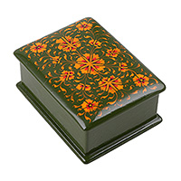 Papier mache jewellery box, 'Sage's Epoch' - Floral-Patterned Green and Orange Papier Mache jewellery Box