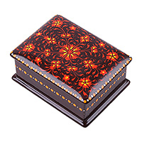 Papier mache jewellery box, 'Fire Epoch' - Floral-Patterned Brown and Orange Papier Mache jewellery Box