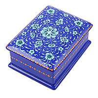 Papier mache jewellery box, 'Oneiric Epoch' - Floral-Patterned Blue and Cerulean Papier Mache jewellery Box