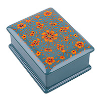 Papier mache jewellery box, 'Palatial Epoch' - Floral-Patterned Teal and Orange Papier Mache jewellery Box