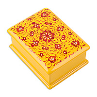 Papier mache jewelry box, 'Merry Epoch' - Floral-Patterned Yellow and Red Papier Mache Jewelry Box