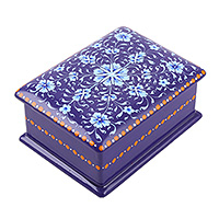 Papier mache jewellery box, 'Enchanted Epoch' - Floral-Patterned Purple and Blue Papier Mache jewellery Box