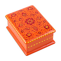 Papier mache jewellery box, 'Prosperous Epoch' - Floral-Patterned Orange and Red Papier Mache jewellery Box