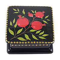 Papier mache jewelry box, 'Omens at Night' - Lacquered Black and Red Papier Mache Pomegranate Jewelry Box