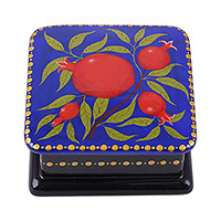 Papier mache jewellery box, 'Omens in Dreams' - Lacquered Blue and Red Papier Mache Pomegranate jewellery Box
