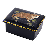 Papier mache jewellery box, 'Feline Treasure' - Hand-Painted Black and Golden Papier Mache Cat jewellery Box