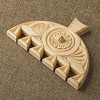 Decorative wood wall accent, 'Daghdaghan Amulet' - Hand Carved Armenian Wood Amulet and Home Accent