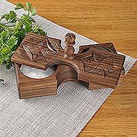 Wood condiment bowl, 'Arevakhach Blessing' - Walnut Wood Two-Compartment Condiment Bowl from Armenia