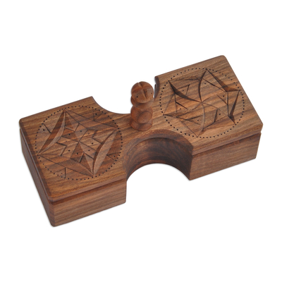 Wood condiment bowl, 'Arevakhach Blessing' - Walnut Wood Two-Compartment Condiment Bowl from Armenia