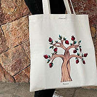Baumwoll-Einkaufstasche, „Nur of Life“ – handbemalte Granatapfelbaum-Baumwoll-Einkaufstasche aus Armenien
