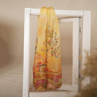 Pañuelo de seda pintado a mano - Pañuelo tradicional de seda Nur Tree pintado a mano en tonos cálidos